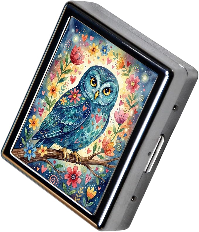 Weekly Pill Organizer, Metal Pill Box with 8 Compartments, Small Travel Pill Case for Purse Pocket, Medicine Vitamin Supplement Organizer (Floral Owl)