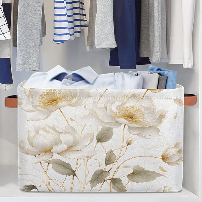 Rectangular Storage Basket White Flower Decorative Storage Bins Boxes Collapsible Cubes Organizer with PU Leather Handles for Home Organization