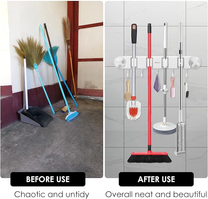 Broom Holder Wall Mount Sturdy Mop and Broom Organizer with 4 Racks and 5 Hooks Vacuum Suction Cup Broom Mop Holder for Home, kitchen, Garden, Tools, Garage