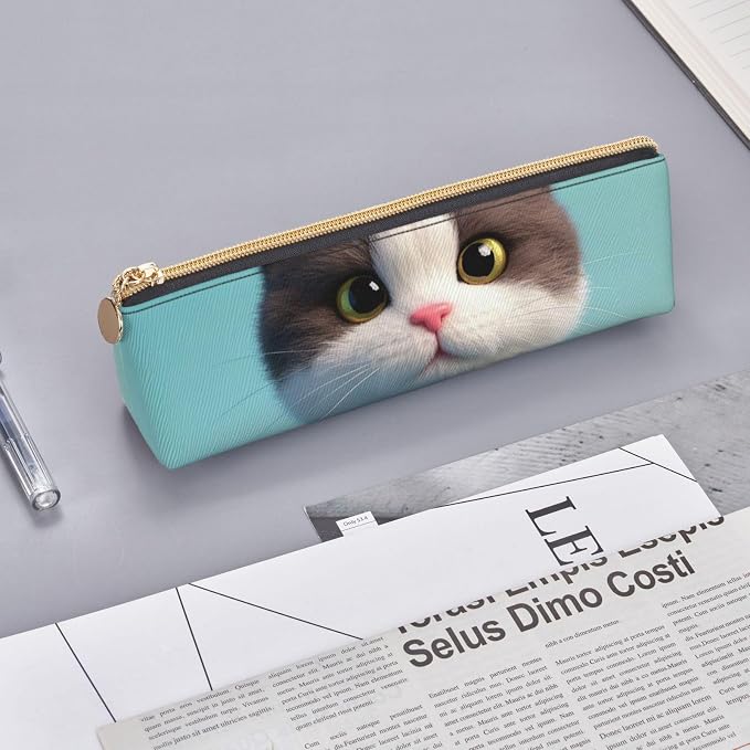 Leather Pen Case with Zipper - Aesthetic Pen Holder Cute Clothes Cat Pencil Case for Women & Men - Handcrafted Pencil Bag Multi-Functional Travel Cosmetic Case for Work Office Tool Pouch