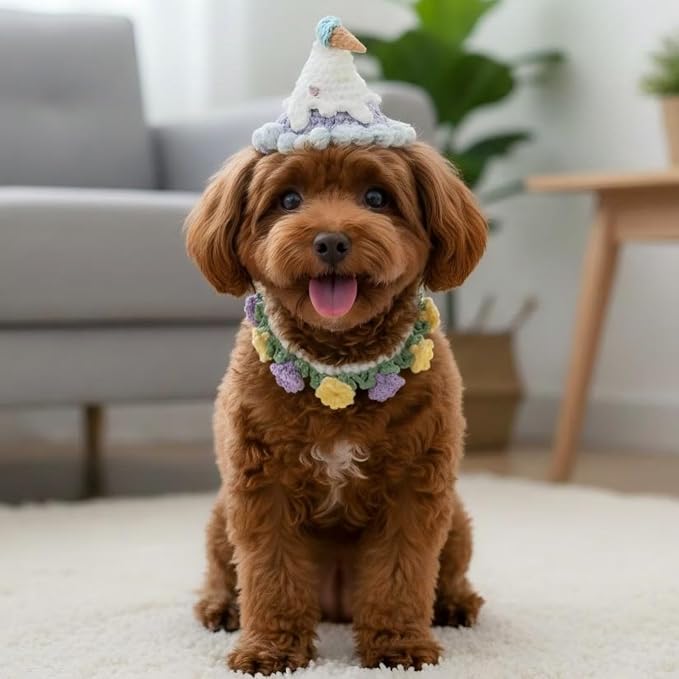 Dog Costume – Adjustable Birthday Dog Hat & Floral Wreath Scarf for Cats and Small to Medium Dogs, Cute Cat Costume for Party, Holiday, Daily Wear & Photos