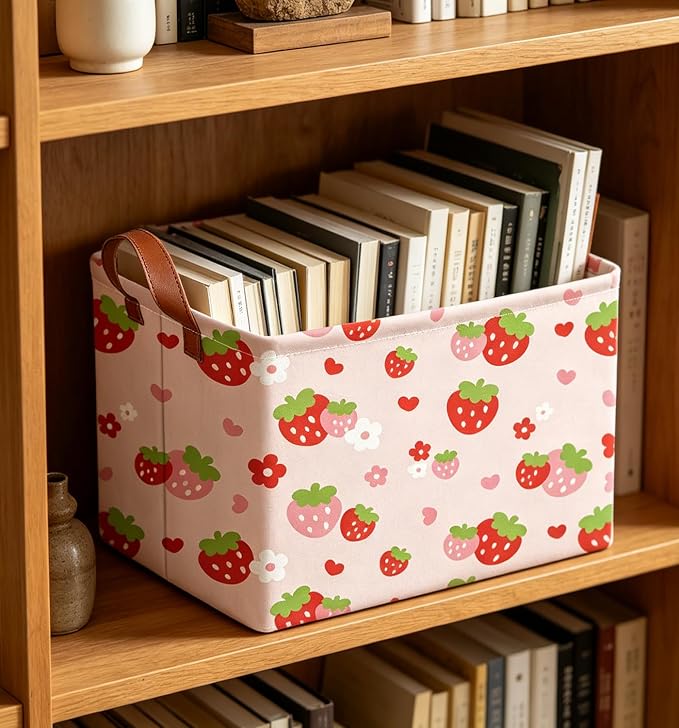 Rectangle Storage Basket with Handles,Collapsible Storage Bin,Books Box,Gift Basket(Strawberry)