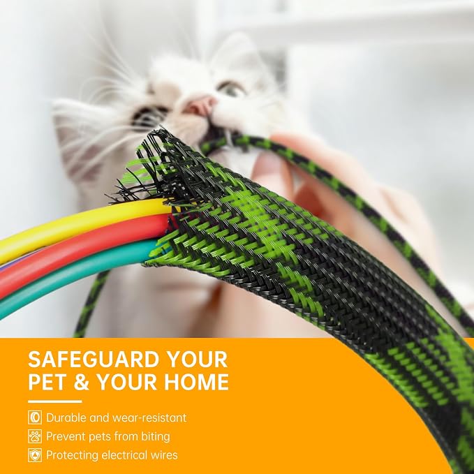 Braided Cable Sleeve, 33ft Expandable Wire Loom for Automotive Wiring Harness & PC Case, Pet-Proof Chew Resistant Cord Protector, Flexible Cable Management (Black-UV Yellow, 6mm (1/4"))