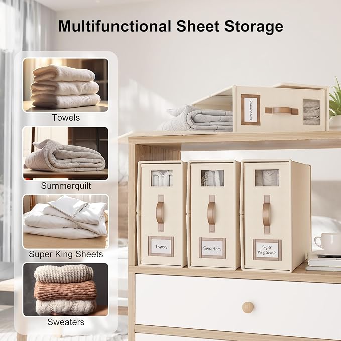 8 Pack Foldable Bed Sheets Set Organizers and Storage(Cal King Size),Linen Fabric Closet Organizers with Window,Folding Bedding Storage Box for Bedsheets and Pillow Cube Organizer-Beige