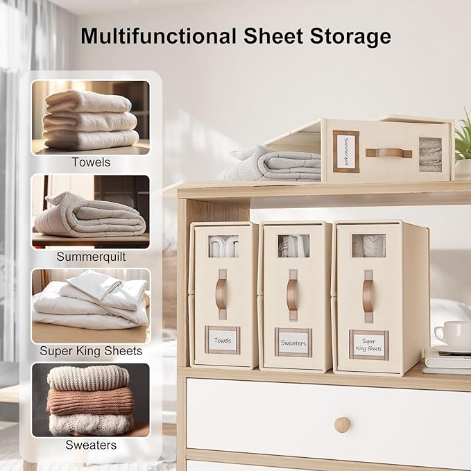 6 Pack Bed Sheets Organizers And Storage,Sheets Set Folder Keeper with Handle,Foldable Bedding Storage Box For Linen Closet,Duvet Cover(Cal King Size-5.2 Gal,Beige)