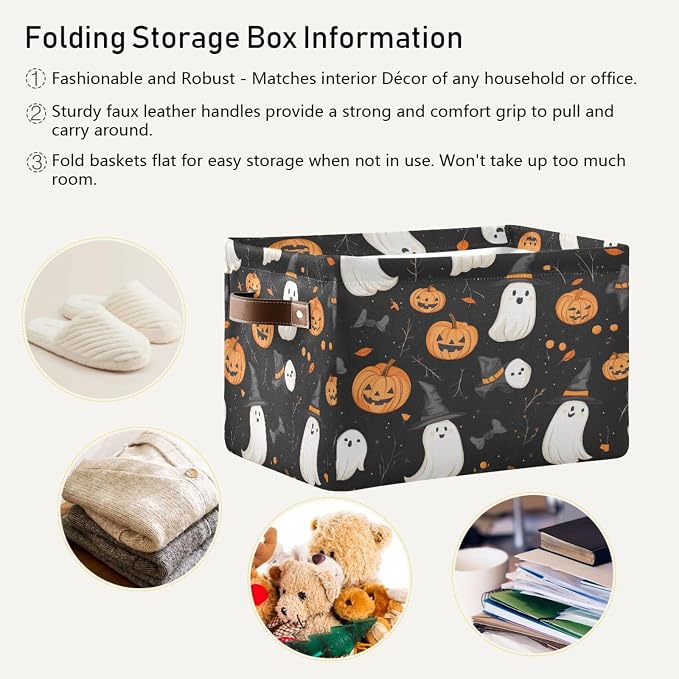 Kigai Storage Basket, Fabric Collapsible Closet Organizer Bin | Halloween Boo Pumpkins Waterproof Foldable Canvas Basket with Handles for Shelves, Nursery, Closet, Bedroom & Bathroom