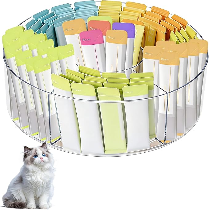 Rotating Lickable Cat Treats Organizer with 6 Compartments, Clear Lazy Susan Acrylic Squeeze Up Cat Food Storage Container Divided Pet Treats Box for Kitchen Cabinet Pantry Shelf Countertop