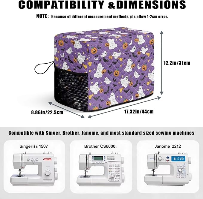Sewing Machine Cover Polyester Febric Halloween Ghost Pumpkin | Dust Pet Hair Protection,Quilting Design,Fits Standard Singer,Brother Janome Machines,Protecting Decorating Your Sewing Space