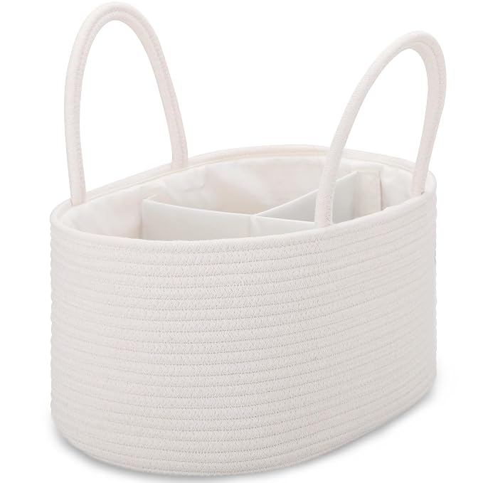COMSE Large Cotton Rope Baby Diaper Caddy Organizer with Handles, White