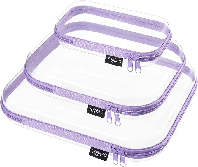 YQBRAO Clear Hard Shell Organizer Case Set, 3-Pack, Purple | Large, medium & small rigid PET organizers for crafts, travel, beauty and everyday storage