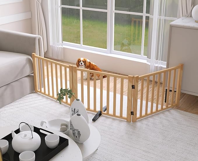 YOCAN Non-Painted Wooden Freestanding Dog Gates - 3 Panels L:69" H:16.9" | Pet Gate for The House,Doorways, Stairs,Wood Dog Fences Indoor Pet Gate,Step Over Fence