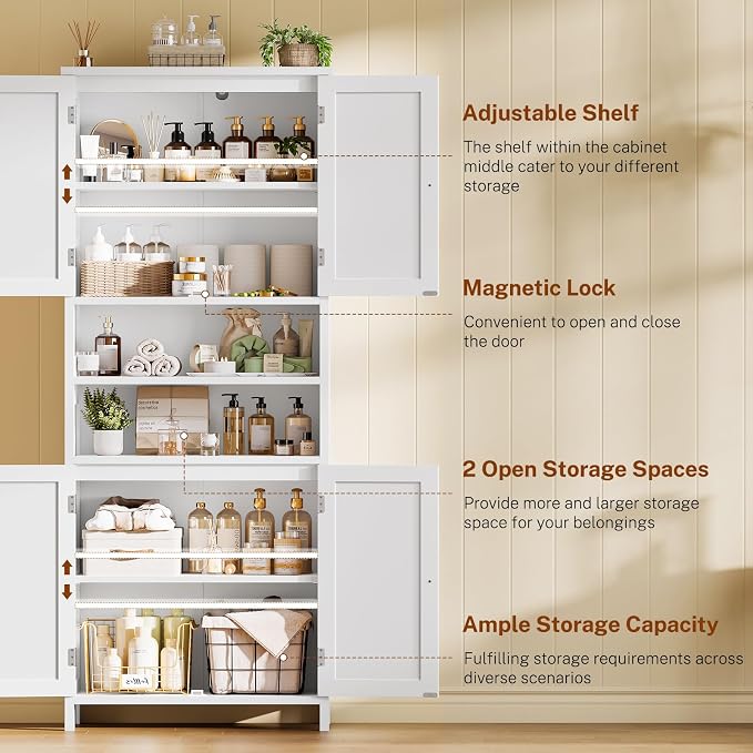 TEENFON 66.9" H Tall Bathroom Storage Cabinet with 4 Doors & 2 Open Shelves | Bathroom Cabinet with Adjustable Shelves, Large Capacity Cabinet for Kitchen, Living Room, Entryway, Laundry & Pantry, White