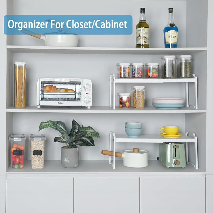 Set of 2 Expandable Kitchen Cabinet Shelves Organizers, Stackable Adjustable Small Storage Shelf Rack Stand For Pantry Cabinet Cupboard Kitchen Counter Organization, 22 lbs Capacity, Length:20.5"