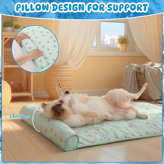 DoubleFill 4 Pack Cooling Pet Mats 23.6" x 31.5" Cooling Dog Beds with Supportive Pillow Self Ice Cool Pads Washable Summer Cat Sleeping Pad with Storage Bag for Summer Crate Floor (Large, Green)