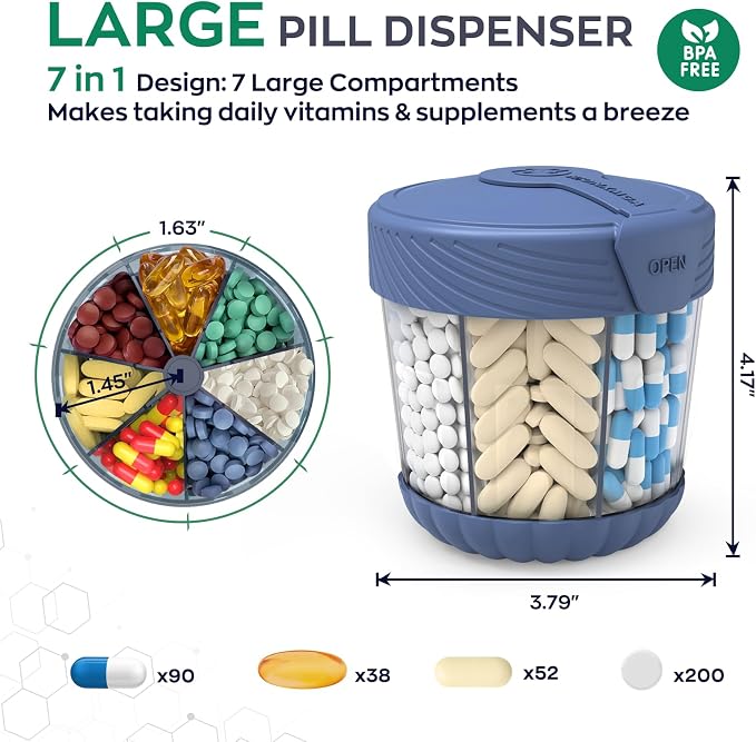 HIONXMGA Large Pill Organizer Anti-Mix, 7-Compartment, 20 Labels, BPA-Free | Portable Pill Dispenser Easy to Open & Retrieve, Wide Opening Design Easy Access for Vitamins, Fish Oils, Supplements