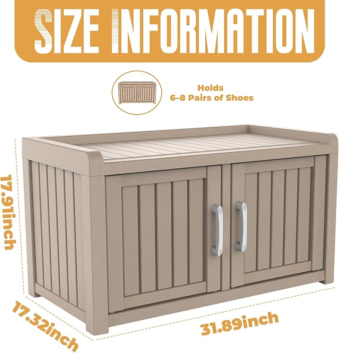 ROJIK Shoe Cabinet Waterproof UV-Resistant,Storage Bench Indoor Outdoor with Adjustable Shelves,for Entryway Bedroom,Hallway,Living Room(Double Door,Grey)