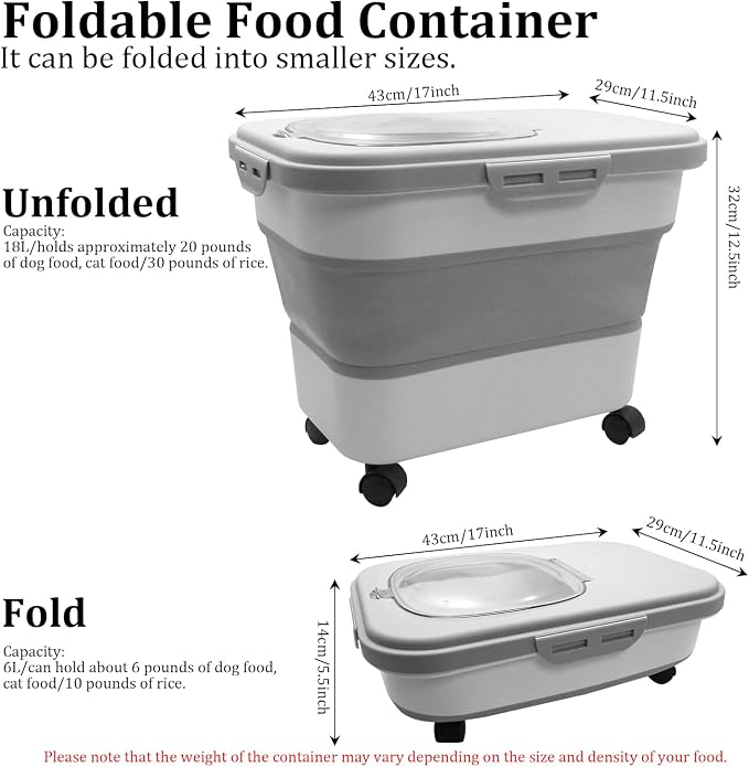 20-30 Lbs Grey Collapsible Airtight Rice Pet Food Storage Container | With Rolling Wheels Lock Lid Scoop Cup, Large Bin for Rice Flour Pet Food Home Storage