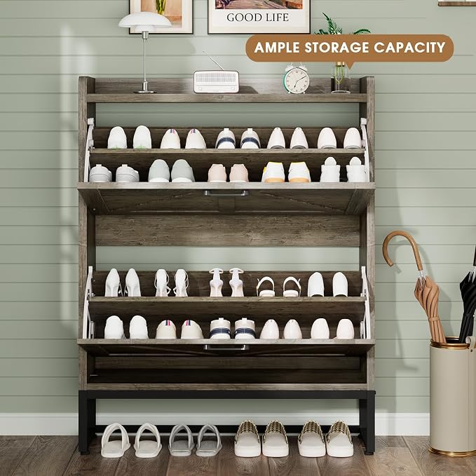 GRUSIGN Shoe Cabinet, Shoe Storage Cabinet with 2 Flip Drawers & Adjustable Shelf, Space-Saving Shoe Organizer – Holds 16+ Pairs, Narrow Shoe Cabinet Storage for Entryway/Hallway（Grey）