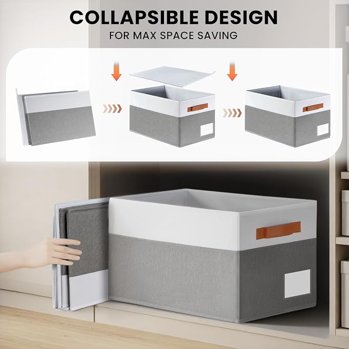 Large Closet Storage Baskets for organizing 4 Pack, Non-Dust-Absorbing Closet Shelf Organizer Bins with Handles & Labels - Decorative Collapsible Baskets for Living Room Bedroom Nursery Dorm