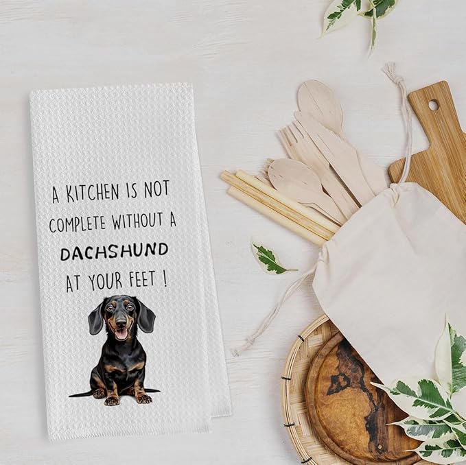 Funny Dachshund Dish Towels Set - Dachshund Gifts Waffle Weave Kitchen Towels, Wiener Dog Decorative Hand Tea Towels for Bathroom Kitchen, Wiener Dog Gifts for Women (16×24 Inches Set of 2)