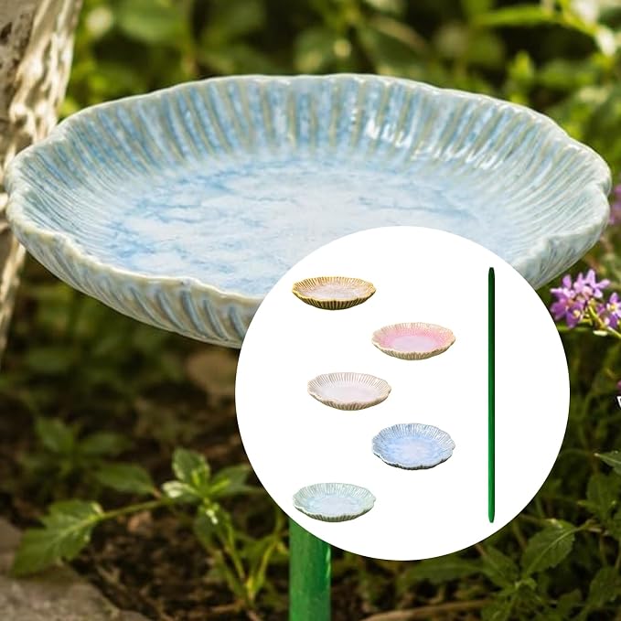 Ceramic Bird Bath Set of 2 with Fluted Bowl Stake, Vertical Blue | Decorative Glazed Water Basin for Patio Garden Balcony Display