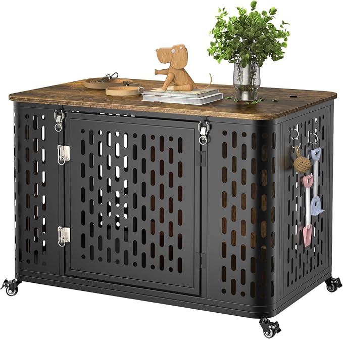 ONBRILL Dog Crate with Cushion, 38" Wood Heavy Duty Dog Crate Furniture with Flip Top & Wheels for High Anxiety Dog, Escape Proof Pet Cage for Small/Medium Dogs