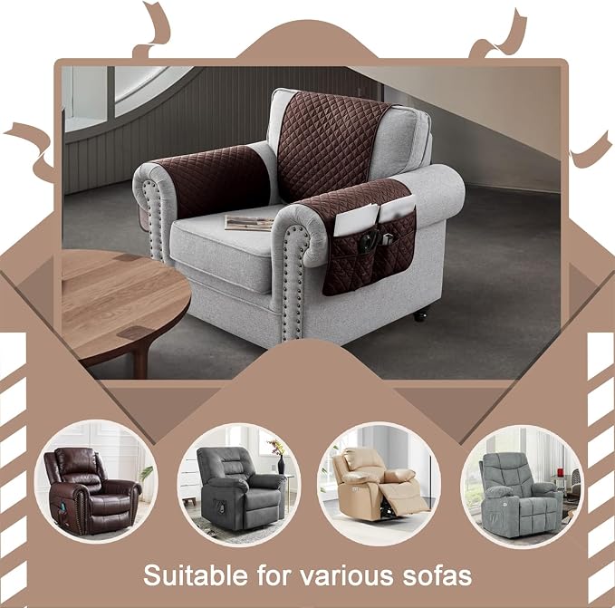 Water-Resistant Sofa Armrest and Headrest Covers with Side Pocket | Keep remotes close quilted polyester helps guard against wear, pet scratches, and kids' messes silicone backing adds grip