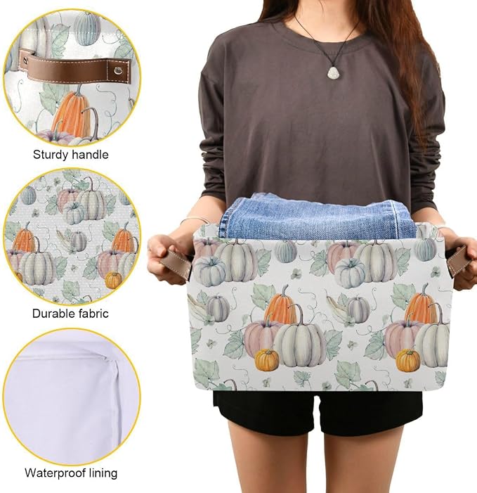 Fall Pumpkin Storage Basket Fabric Kitchen Baskets Autumn Maple Leaves Open Home Storage Bins Boxes Foldable Organizer Bag for Baby Cloth Pet Toy Book Shelf Closet Baskets 2 Pack 16×12×8 Inches