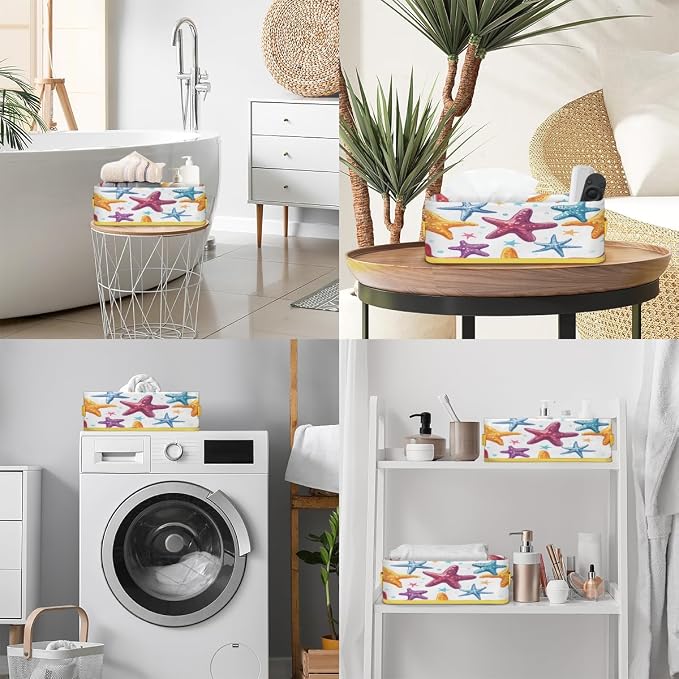 Color Starfish Bathroom Storage Basket Waterproof Foldable Storage Bins with Handles Decorative Toilet Paper Storage Basket for Organizing for House Bathroom Toiletries Set of 2