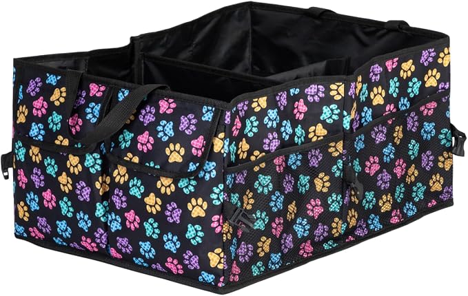 GreaterGood Collapsible Paw Print Car Trunk Organizer with 6 Pockets Truck SUV and Sedan Caddy With Compartment Vehicle Storage Container (Argyle Paws)