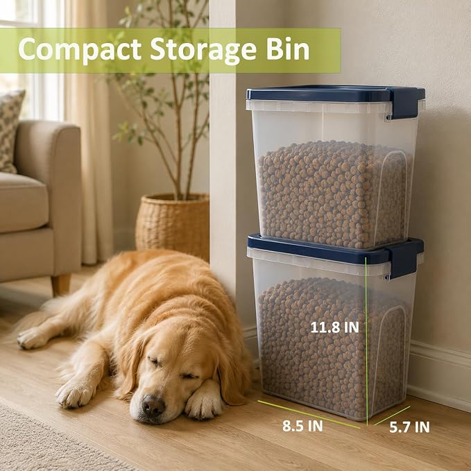 5-10 Lbs Airtight Cat Dog Food Storage Container, 8QT Compact Pet Food Bin | Plastic Food Container with Buckle-Lock Lid & Scoop for Dog, Cat, Bird Seed, Pet Food, Chicken, Dry Food, Rice, Cereal, Flour