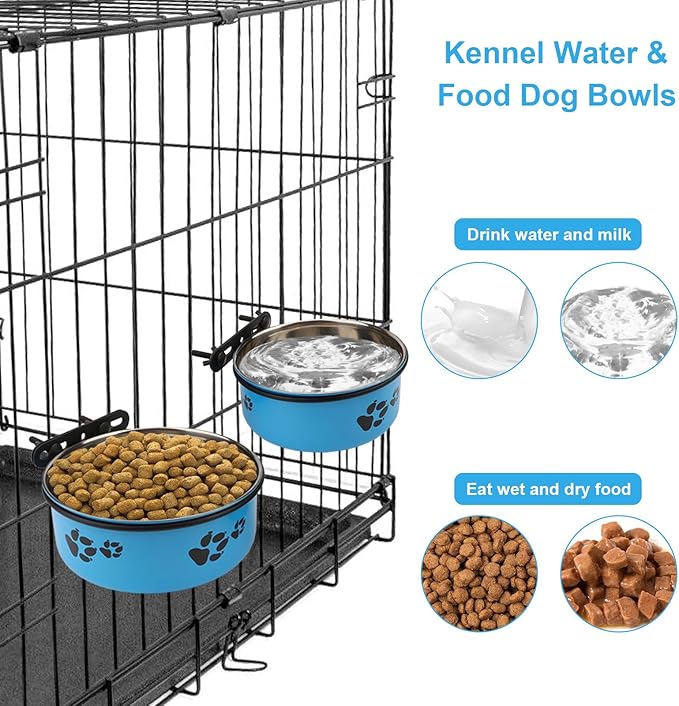 Stainless Steel Dog Crate Bowls Hanging No Spill 2 PCS - Adjustable Mountable Kennel Bowls for Medium/Large Dogs, Anti Spill Water & Food Bowl Set (Blue, M(5.5"+6.3"))