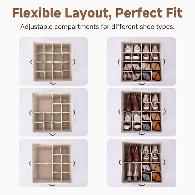 StorageWorks 2-Pack 32-Pair Shoe Storage Organizer for Closet, Beige | Adjustable Dividers, Holds up to 16 Pairs Each, Foldable, Clear Lid, Soft Handles, Fits Sneakers, Boots & Heels, For Bedroom