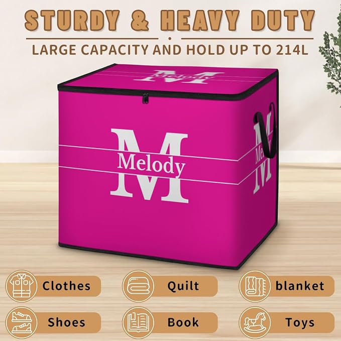 Personalized Storage Bins with Lid, Customized Name Jumbo Storage Basket Rectangle Clothes Organizer for Organizing Kids and Pets Toys Shelf Closet, Hot Pink with Initial Letter