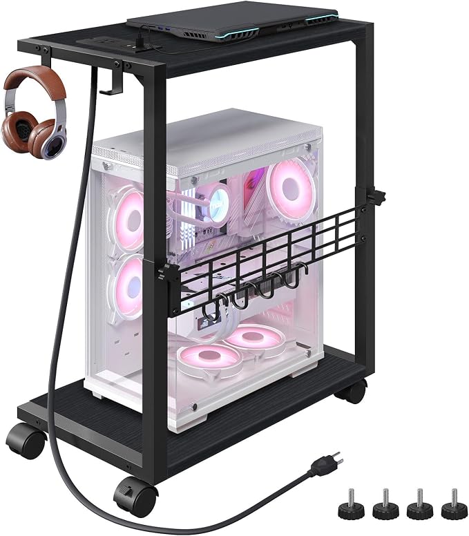PC Stand, Height Adjustable Computer Tower Stand, 19.7"-31.5" H, Computer Cart with Charging Station, Wheels and Hooks, CPU Holder for Floor, Carpet and Under Desk, Easy Assembly, Black