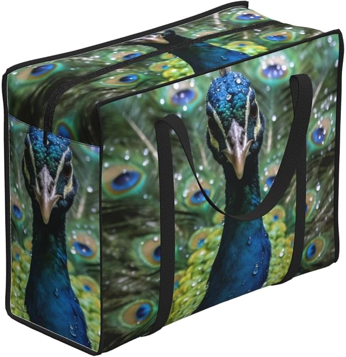 Large Capacity Packing Tote, Peacock With Open Tail Green, Waterproof Moving Bag with Zippered Closure for Bedding, Blanket and Seasonal Storage