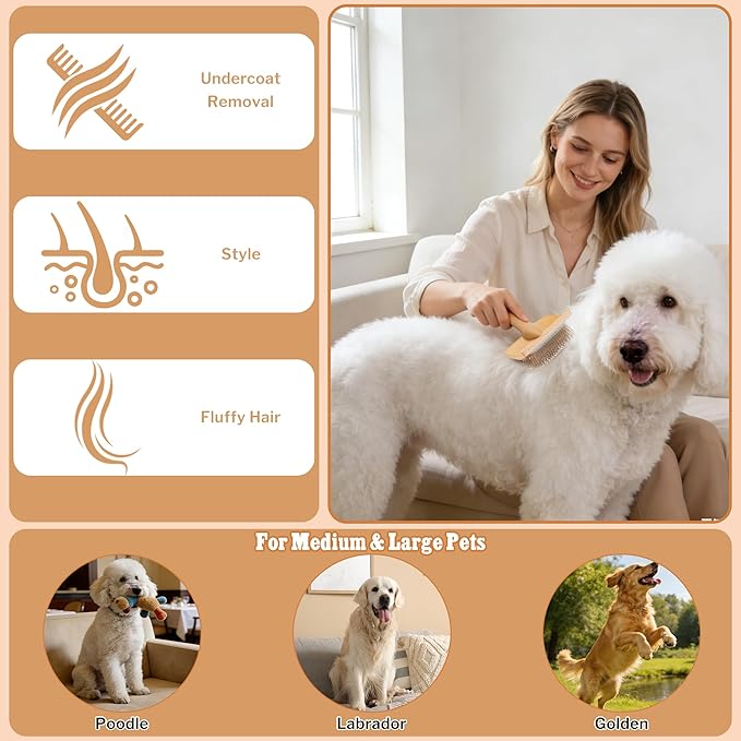 Large Slicker Brush for Dogs & Cats, Professional Dog Grooming Brushes for Poodles & Doodles, Long Pins Natural Beech Wood Ergonomic Handle Remove Tangles, Knots and Mats
