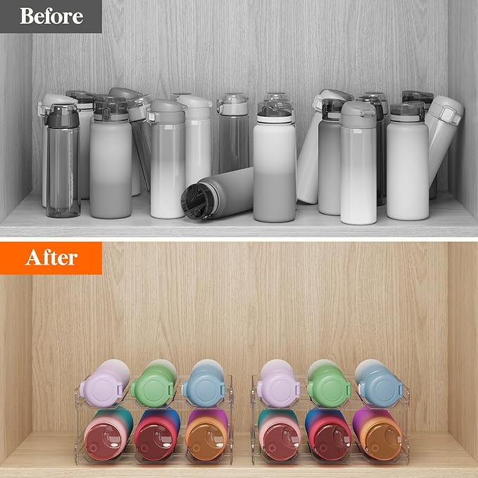 Lifewit Stackable Water Bottle Organizer for Cabinet, Clear Tumbler Holder | Large Slot for Up to 32 oz Cups, Plastic Wine Rack for Fridge, Pantry, Kitchen Organization & Storage, 2-Tier Holds 6, 3 Pack