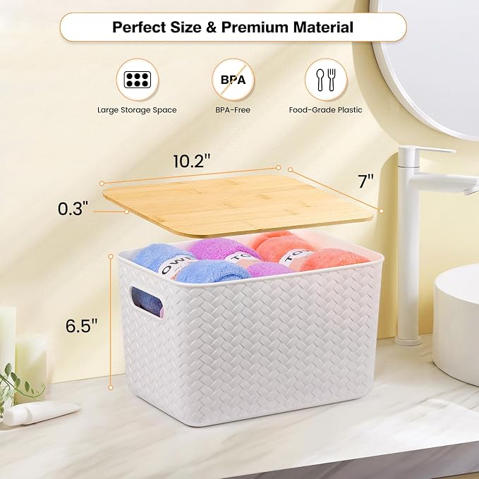 Ohmlove 4 Pack Storage Bins with Bamboo Lids,Stackable Box for Organization | Plastic Storage Containers with Handle, Storages Baskets for Organizing Desktop Closet Playroom Classroom Office, White