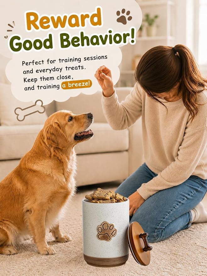 Miamolo Dog Treat Container with Lid, Airtight Dog Treat Jar for Countertop | 8 Cups Ceramic Small Dog Food Canister | Decorative Training Dog Cookie Jar with Handle | Premium Pet Gift, Paw Dotted White