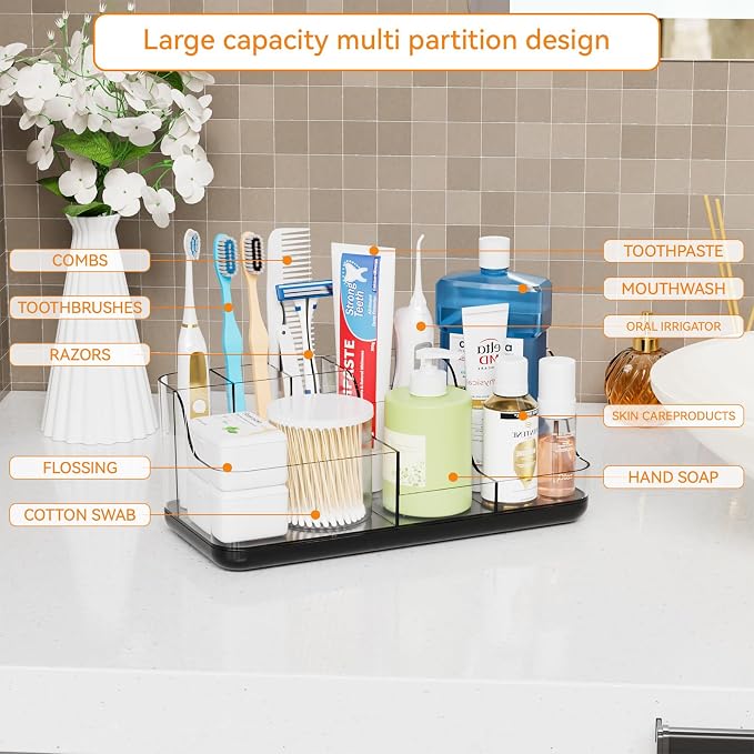 Mens Bathroom Organizer and Storage,Black Bathroom Sink Caddy Countertop,Large 7 Slot Vanity Bathroom Toiletry Organizers and Toothbrush Holders for Toothpaste,Electric Tooth Brush Organizer
