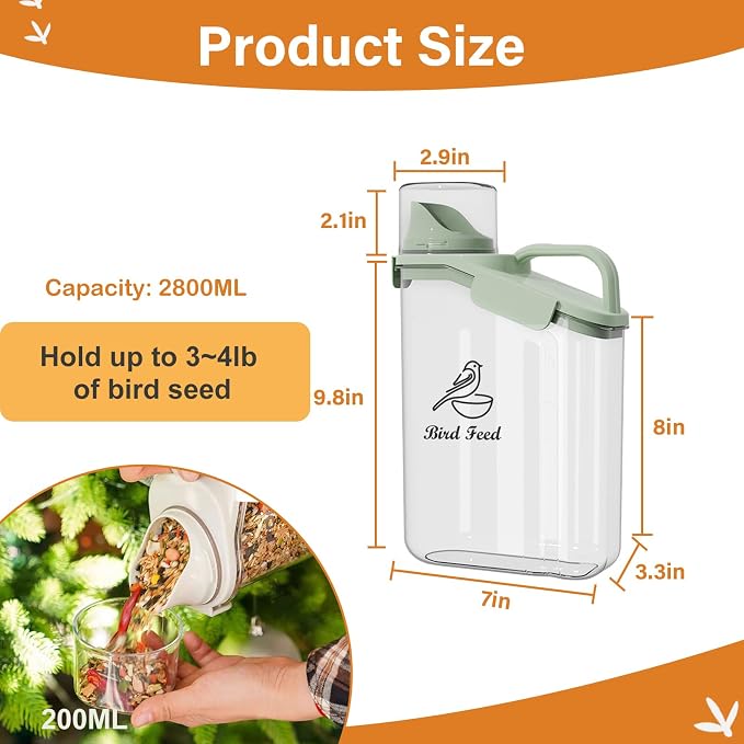 Bird Seed Storage Container Portable-3 Qt/2.8 L Clear Bird Food Container with Spout,Airtight Wild Bird Seed Dispenser for Storing Sunflower Seed|Squirrel proof|BPA Free-Green