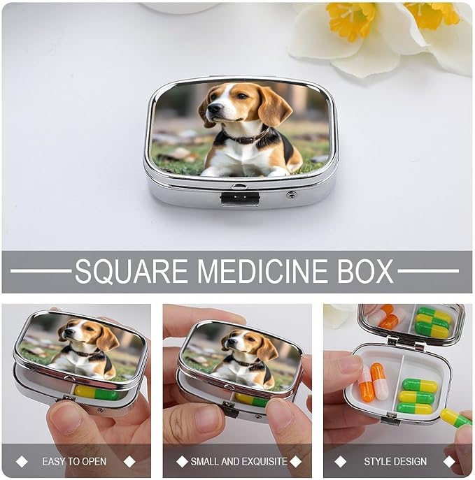 Metal Pill Organizer 2 Compartment Travel Pill Case with Mirror Waterproof & Leak-Proof Pet Dog Beagle Pill Boxes for Daily Meds Vitamins Supplements Fits in Purse Pocket Bag