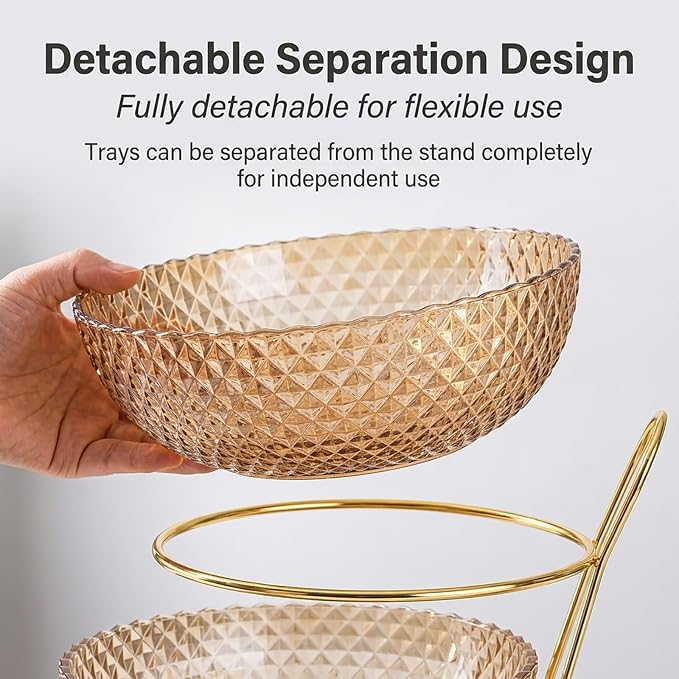 2 Tier Metal Fruit Basket Stand with Clear PET Bowl Trays, Ready to Use Countertop Vegetable Bread Storage Display Organizer Holder for Kitchen