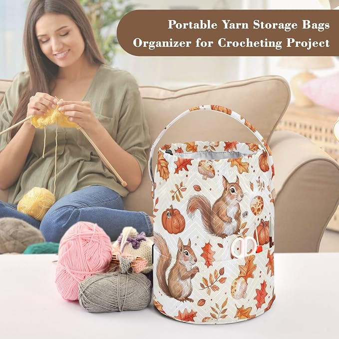 Fustylead Cute Squirrel Maple Pumpkin and Mushroom Yarn Knitting Crochet Drawstring Bag with Customized Front Compartment, Portable Large Storage Basket for Crocheting Project, Kit, Yarn Ball, Needle