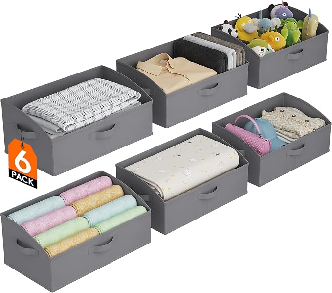 Lifewit Trapezoid Closet Storage Bin for Shelf, 6 Packs 23L, Gray | Non-woven Closet Organizer Baskets with Handles, Foldable Clothes Containers Boxes for Clothing, Book, Purse, Extra Large