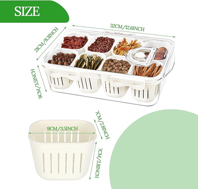 Veggie Tray Divided Serving Tray with Lid, Salad Bar Container for Fridge | Portable Snack Box Container,Food Storage Organizer with 8 Strainers for Fruit,Vegetable, Berry Saver for Refrigerator Picnic