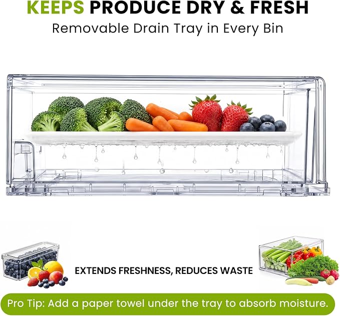 6Pack Fridge Organizers and Storage with Drain Trays,BPA-Free PET,Stackable | 2 Pull-Out Organizers & 4 Containers with Drain Trays For Fruit, Vegetable, Drink, Snack Food Storage