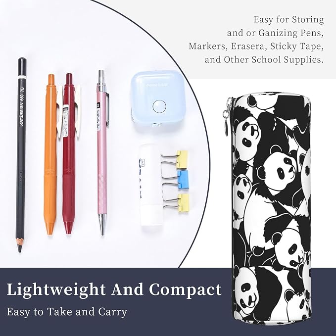 OSAM SPACE Leather Pencil Case Round Pencil Bag Cute Panda Pen Organizer Holder Portable Zipper Pouch Cute School Supplies for Girls Boys Study Office