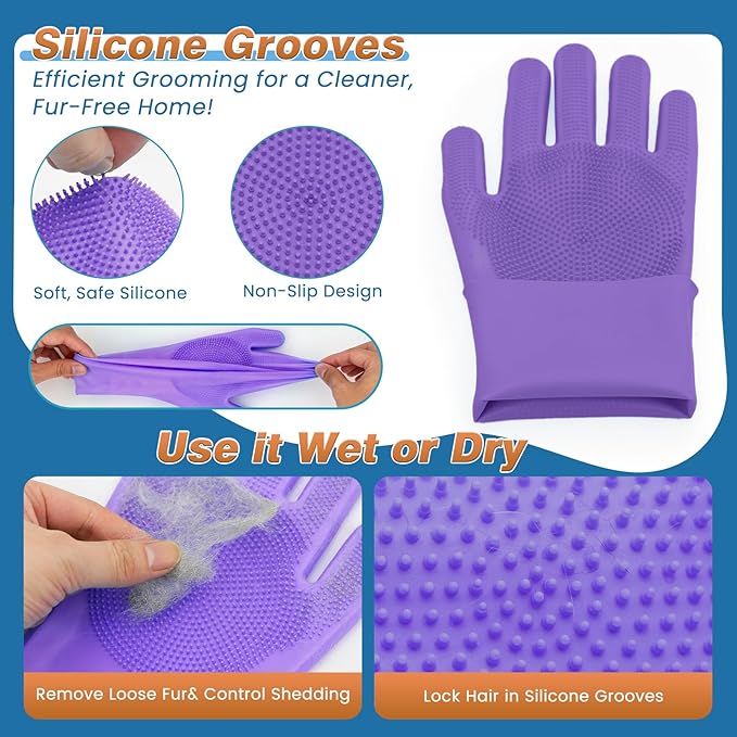 7PCS Dog Bath Brush | Pet Grooming Gloves | Storage Bag | Soothing Massage Rubber Comb with Adjustable Ring Handle | Pet Bathing For Dogs and Cats (Lavender Purple)